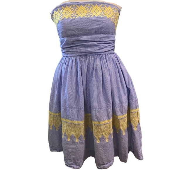 Anthropologie Dresses & Skirts - 😎THML Anthropologie Dress Strapless Embroidered Pleated Size Small Blue &Yellow